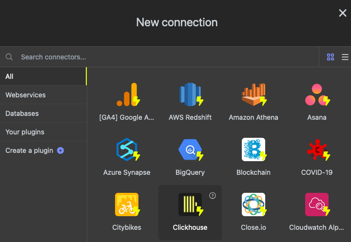 Luzmo interface showing the Create a New Connection dialog with ClickHouse selected - Zoomed