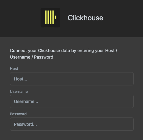 Luzmo connection configuration form showing fields for ClickHouse host, username and password - Zoomed